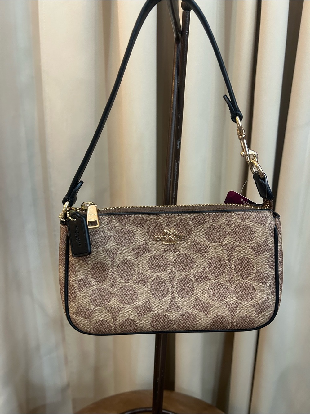 Coach Small Signature Canvas Shoulder Bag in Tan and Black